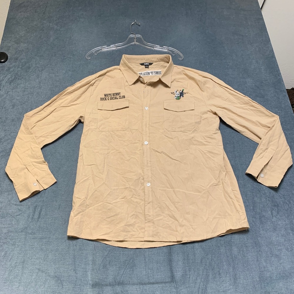 Ouku White Bunny Duck & Social Club Shirt Mens Large Brown Embroidered Button Up
